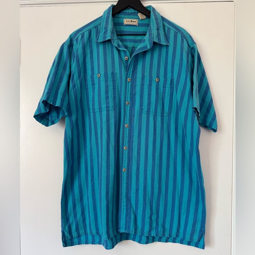 Vintage LL Bean Men Tall XL Button Up Blue Cabana Stripe Cool Weave Made USA